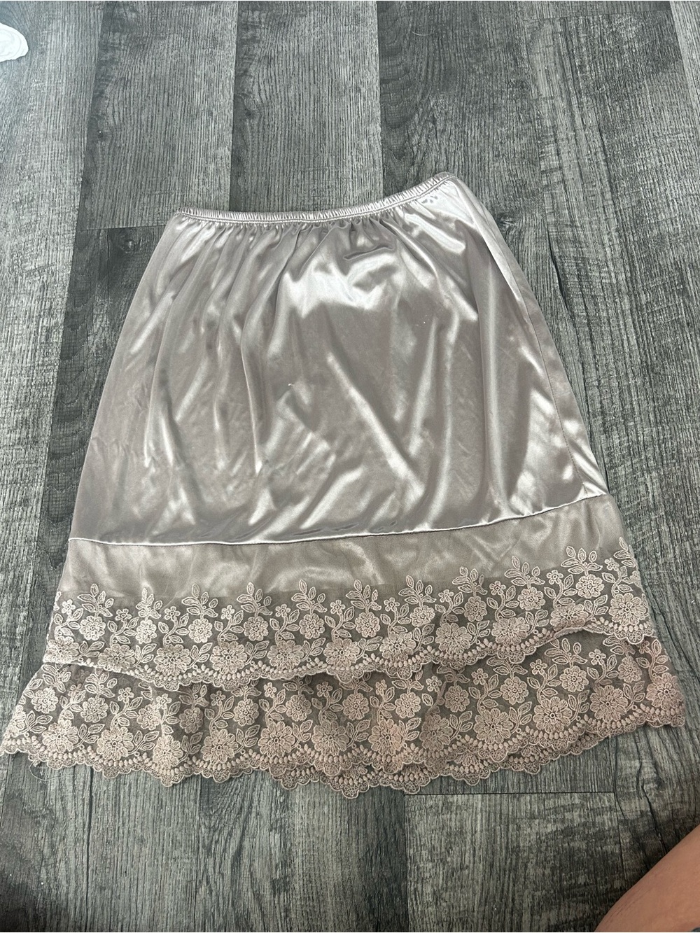 Satin Lace-Hem Mini Slip Skirt in Light Taupe